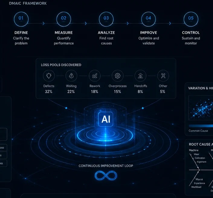 DMAIC framework and AI continuous improvement hub with loss pools and KPI tree